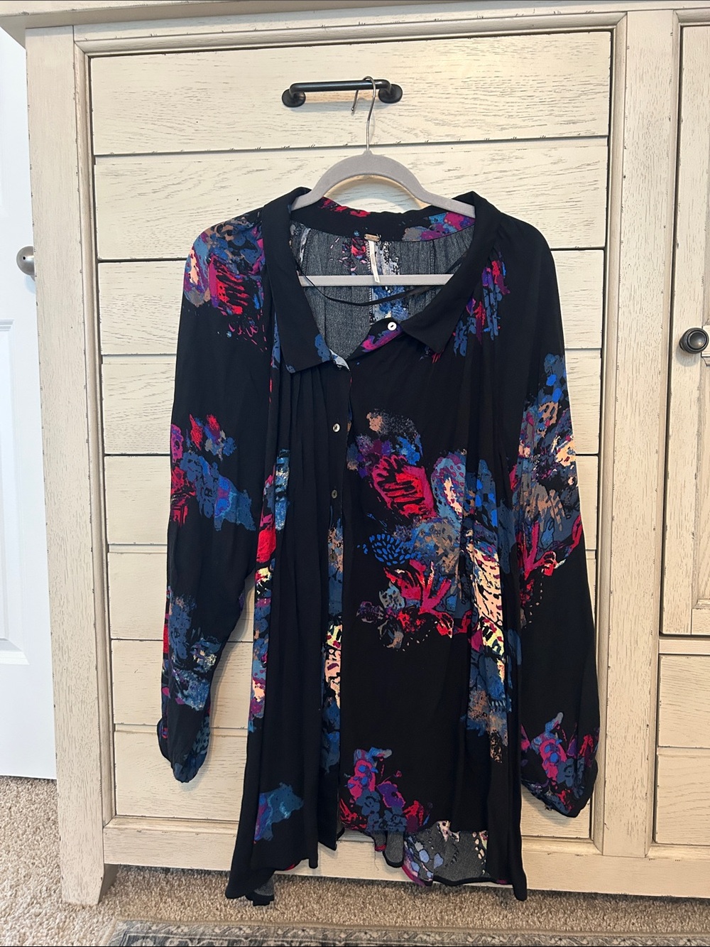 Free People Vintage Black Floral Button-Front long Blouse with Multicolor Print